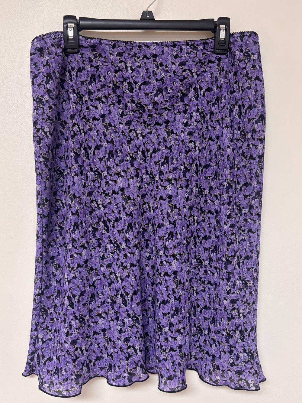 Vtg 90s Norton McNaughton Black Purple Floral Midi Skirt Lined Pull-On L